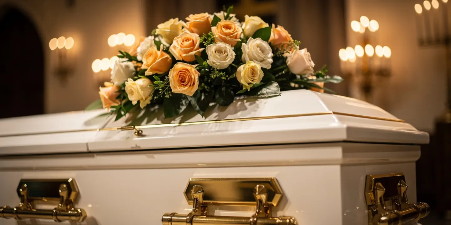 A floral casket setup prepared for a funeral service