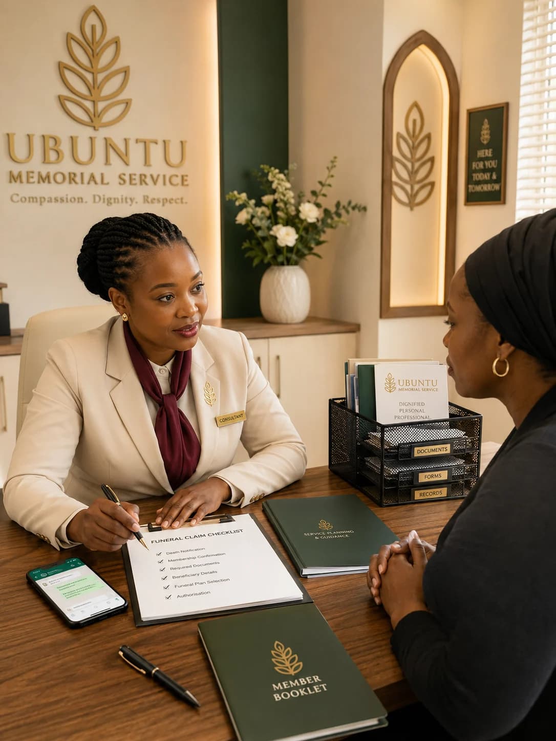 A funeral claims support consultation with documents on the office desk