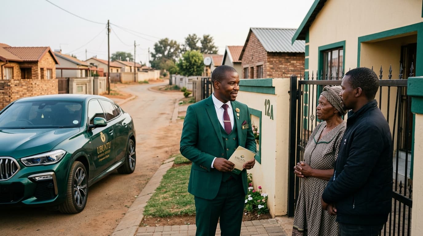 Ubuntu Memorial consultant speaking with family outside a Soweto home after a death at home